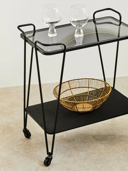 Bath Grey Glass and Black Metal Drinks Trolley