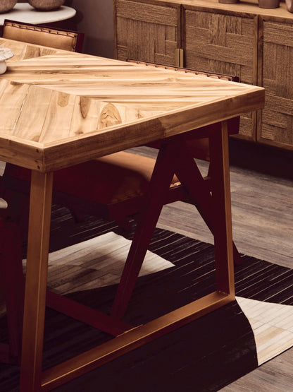 Seville Natural Teak Wood Rectangular Dining Table with Gold Frame