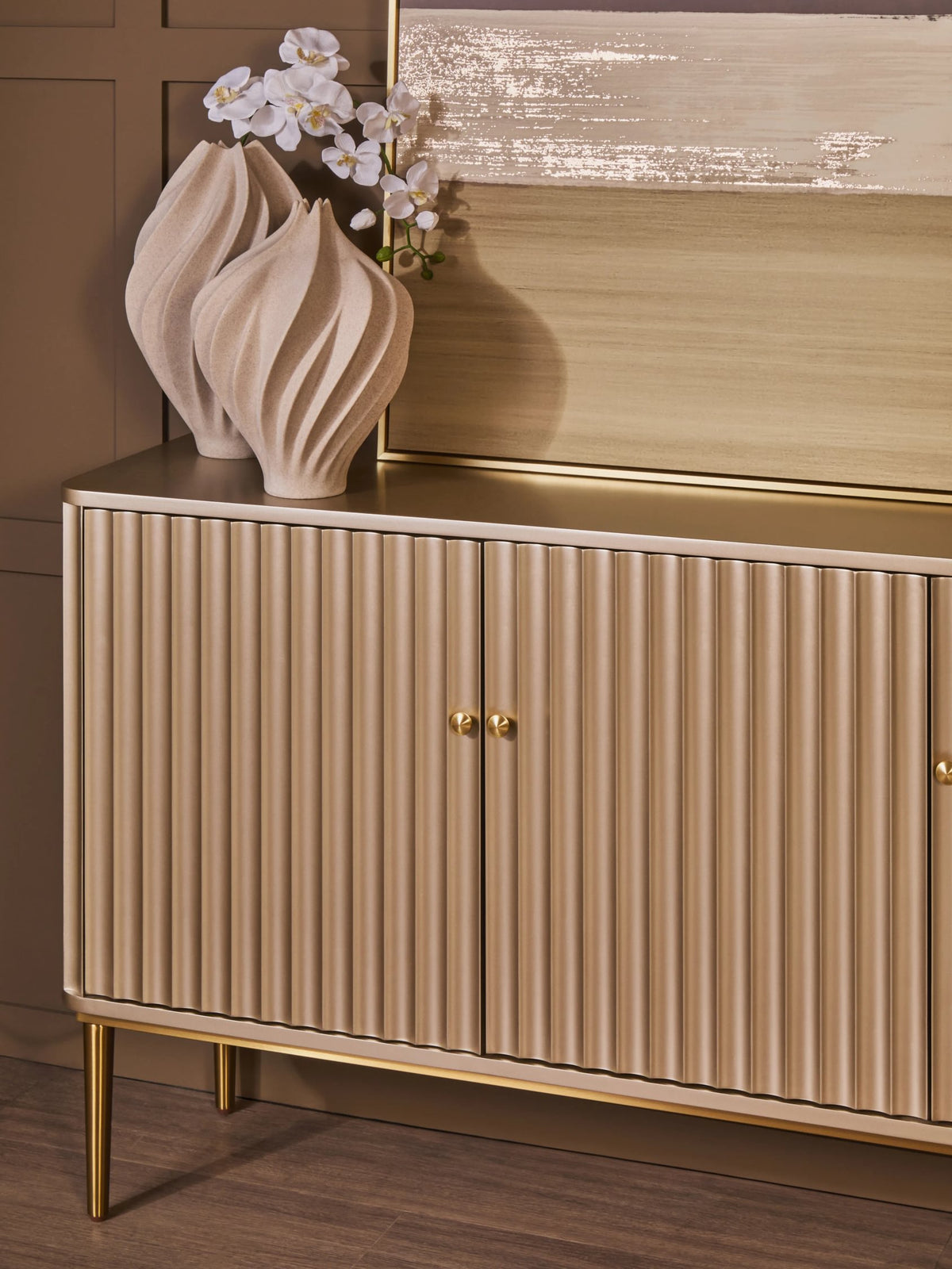 Portree Champagne Gold Finish Three Door Flute Detail Sideboard