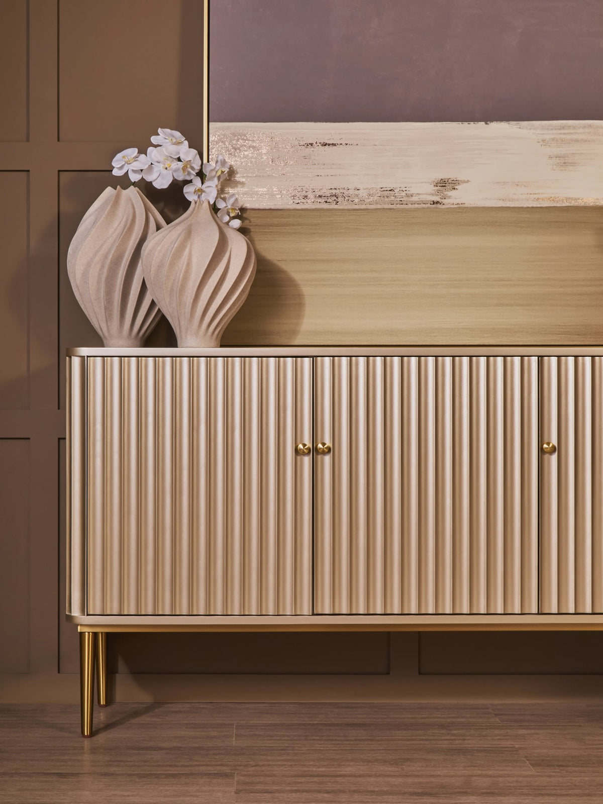 Portree Champagne Gold Finish Three Door Flute Detail Sideboard