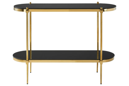Downham Black Glass Two Tier Console Table with Gold Frame
