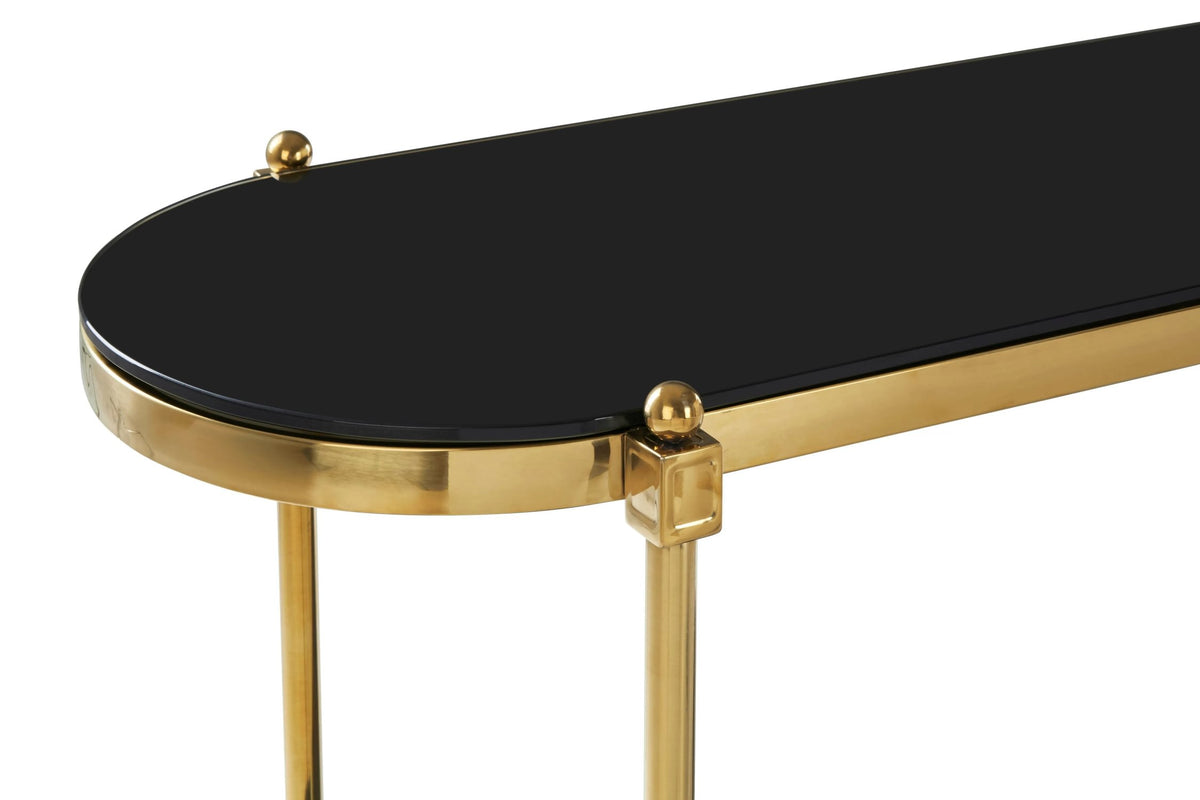 Downham Black Glass Two Tier Console Table with Gold Frame