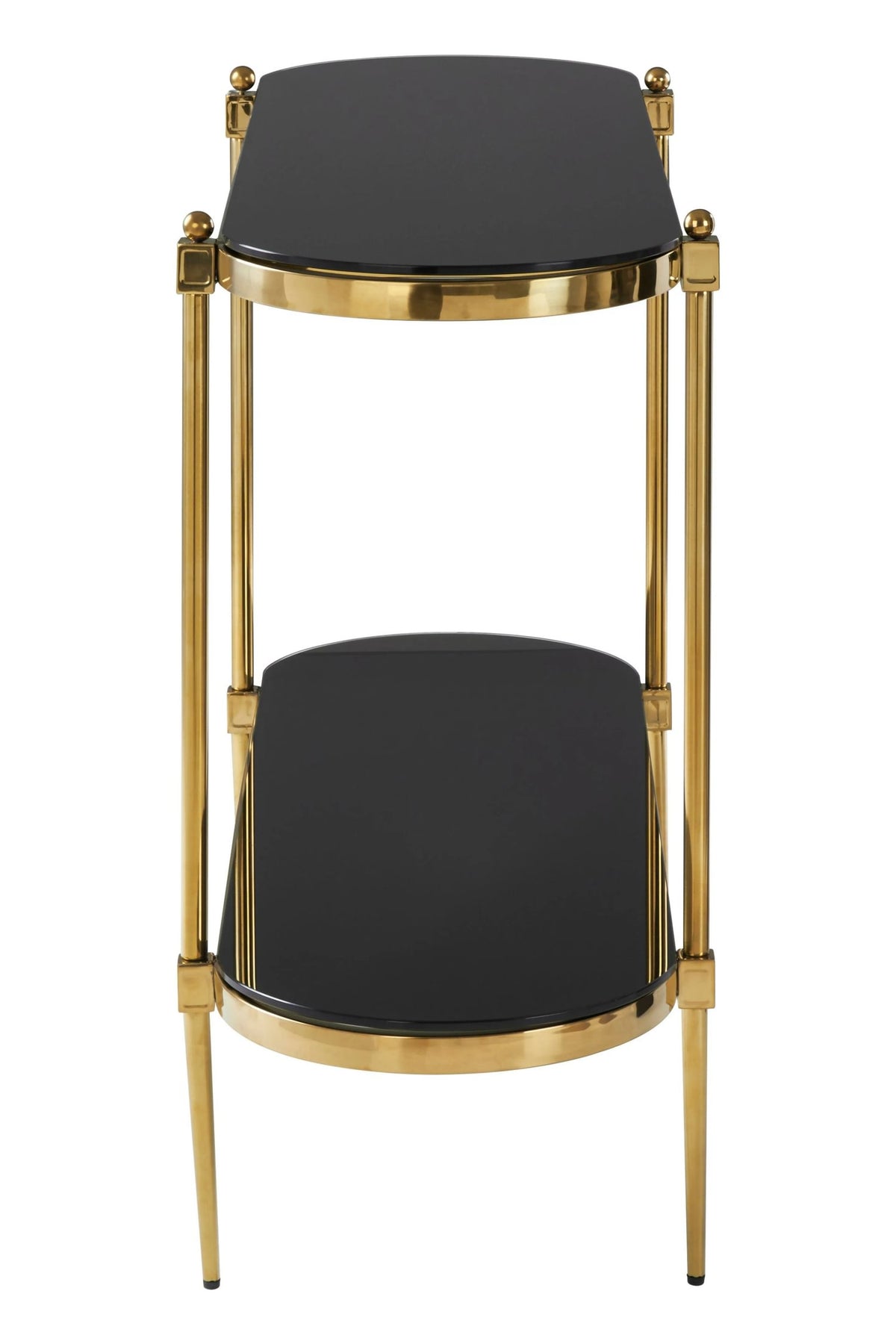 Downham Black Glass Two Tier Console Table with Gold Frame