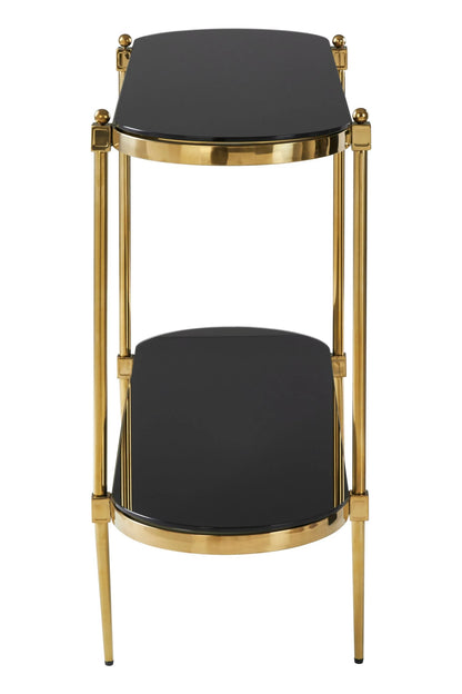 Downham Black Glass Two Tier Console Table with Gold Frame