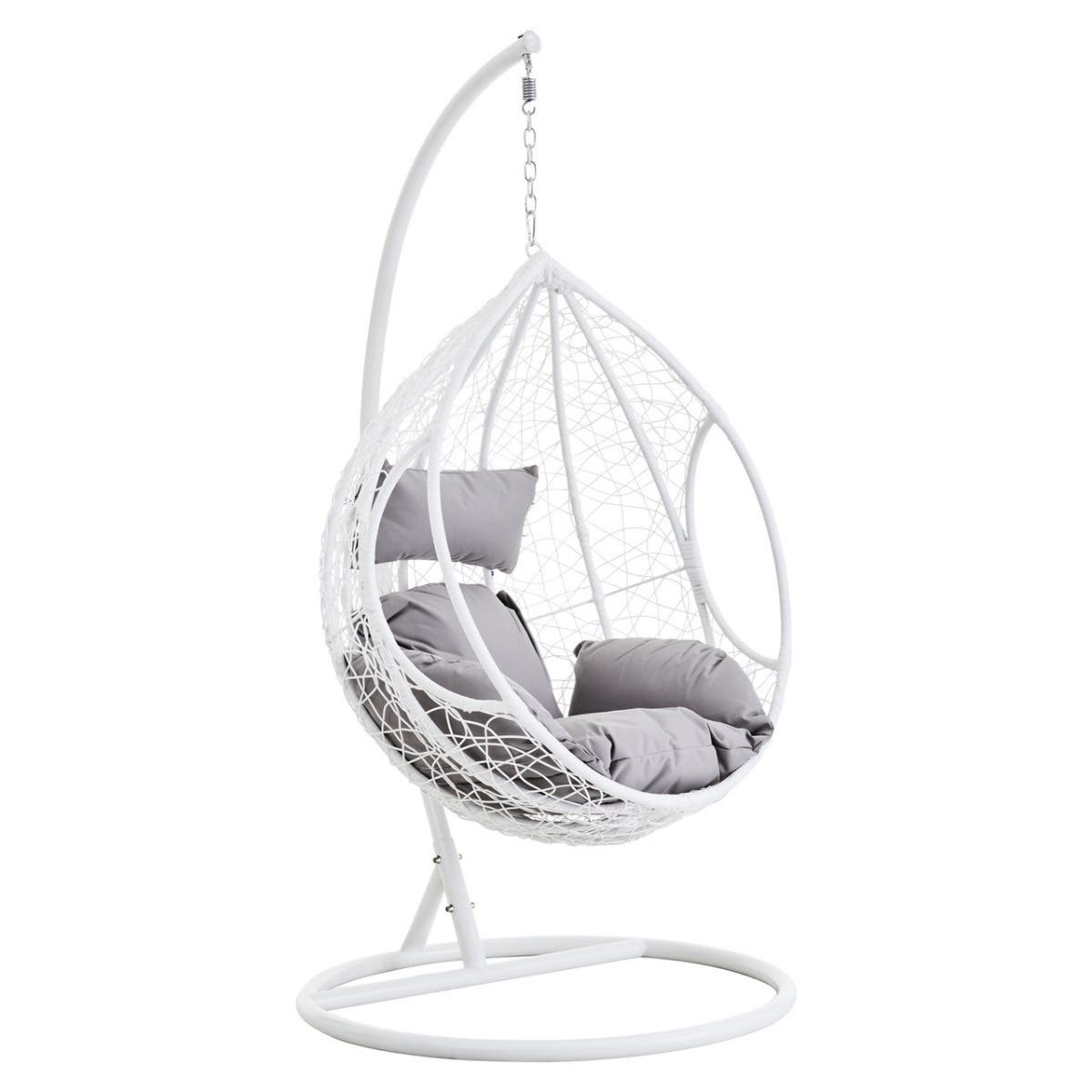Bristol White Rattan Effect Hanging Chair with Grey Cushions