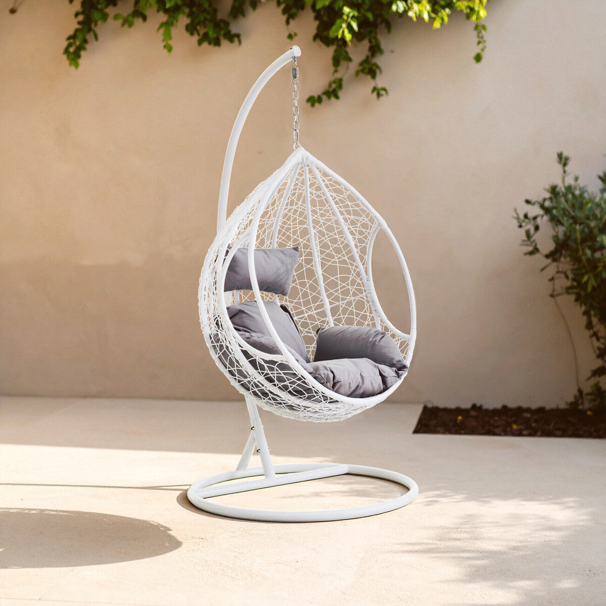 Bristol White Rattan Effect Hanging Chair with Grey Cushions
