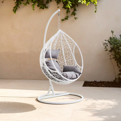 Bristol White Rattan Effect Hanging Chair with Grey Cushions