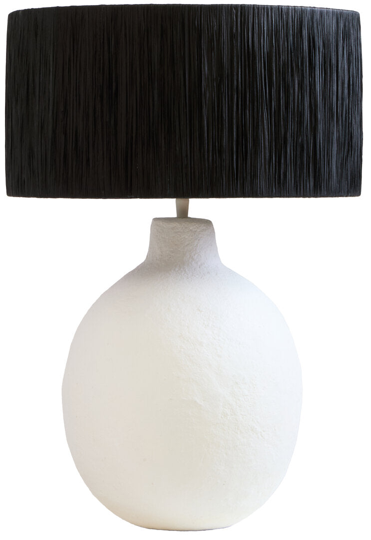 Turin White Papier Mache Table Lamp With Black Raffia Shade