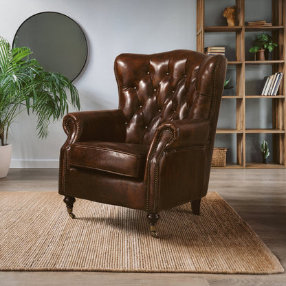 Verona Brown Leather Scroll Armchair