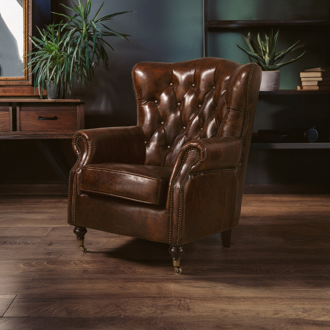 Verona Brown Leather Scroll Armchair