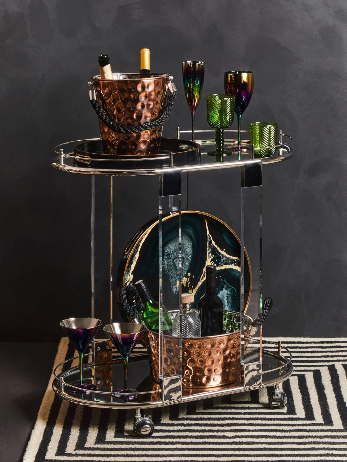 Amalfi Metal and Acrylic Frame 2 Tier Oval Drinks Trolley #colour_silver