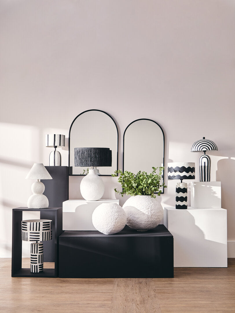 Turin White Papier Mache Table Lamp With Black Raffia Shade