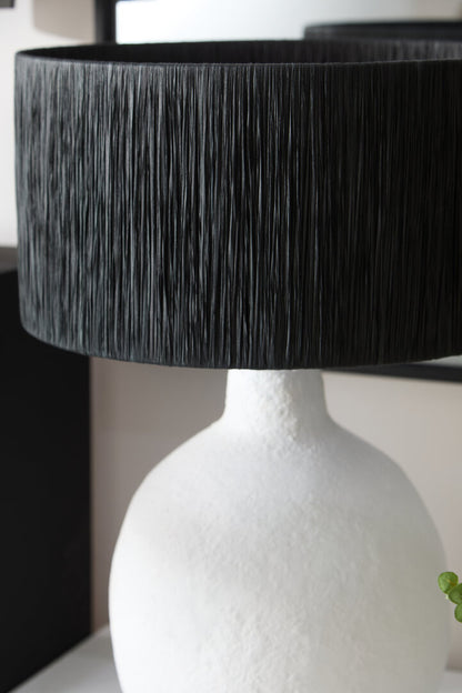 Turin White Papier Mache Table Lamp With Black Raffia Shade