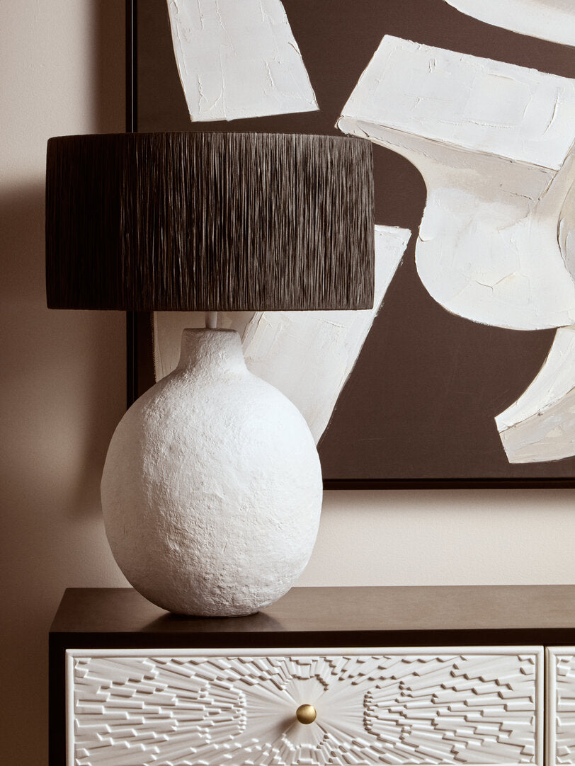 Turin White Papier Mache Table Lamp With Black Raffia Shade