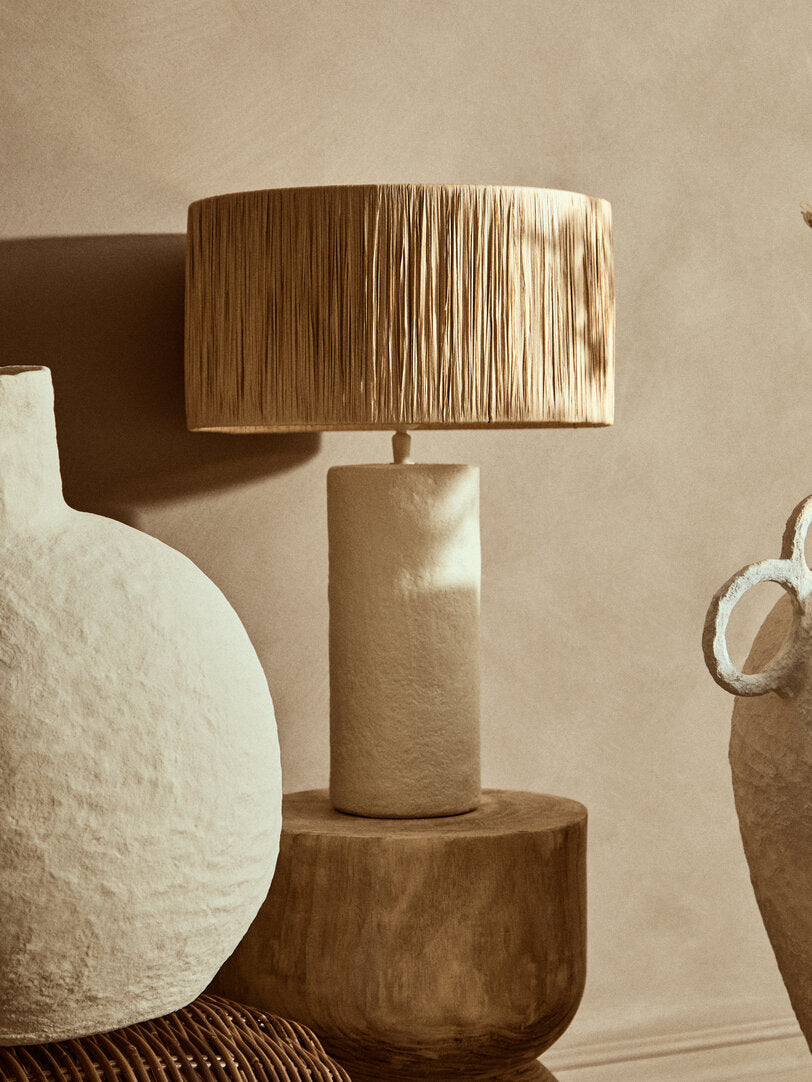 Turin Natural Papier Mache Table Lamp With Natural Raffia Shade