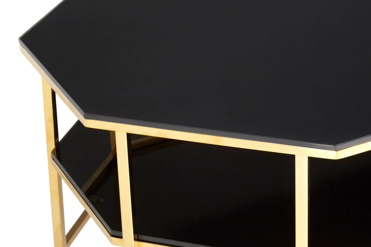 Downham Black Two Tier Glass Coffee Table with Gold Frame