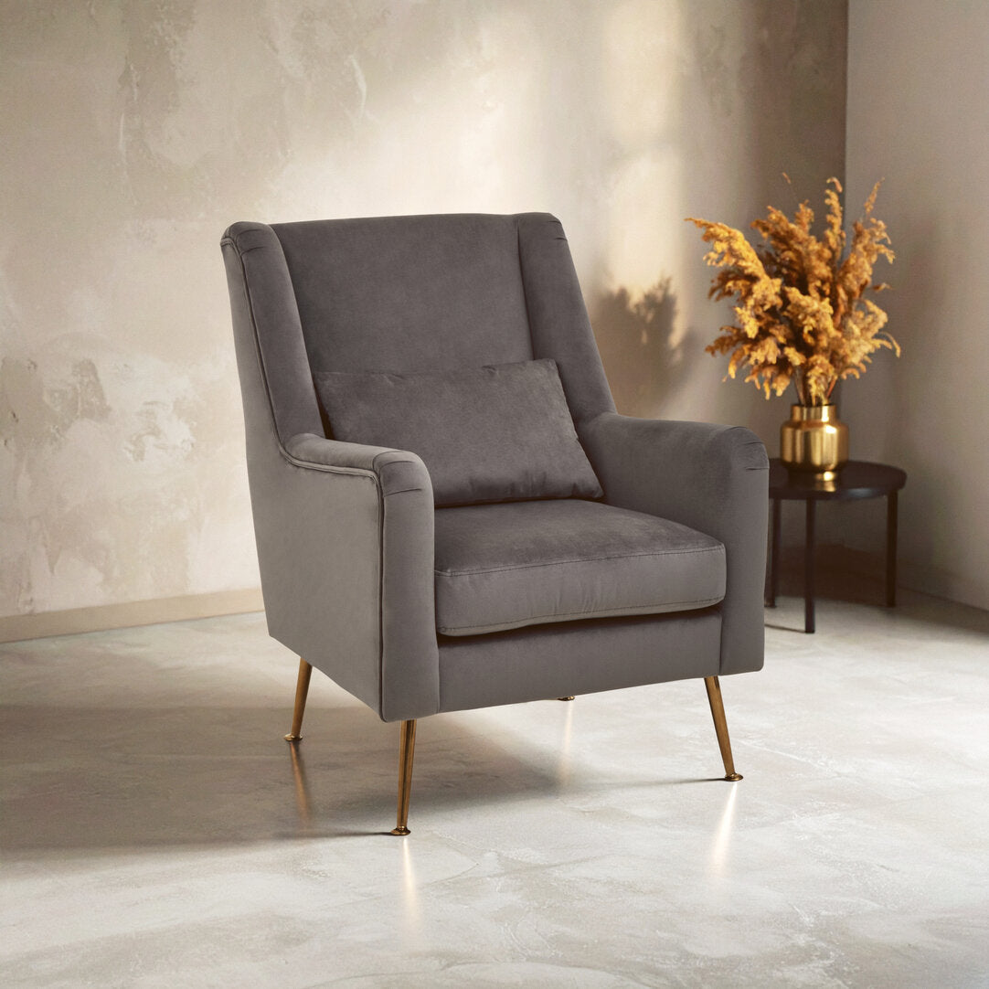 Lisbon Grey Velvet Chair With Gold Finish Legs