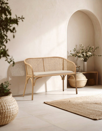 Stirling Natural Cane and Beech Wood Bench with Backrest