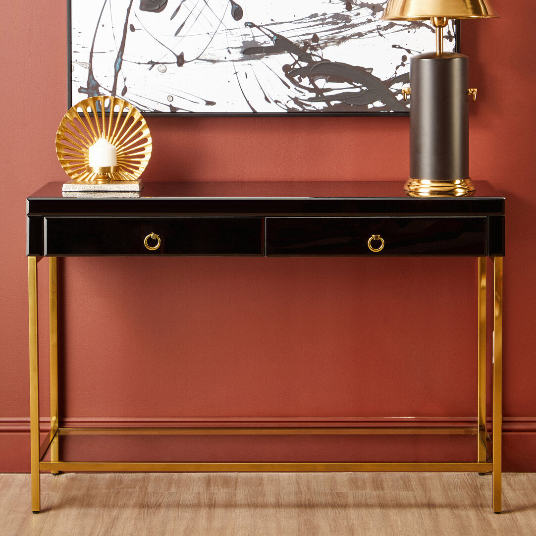 Vienna Townhouse Black Mirror Console Table with Gold Frame