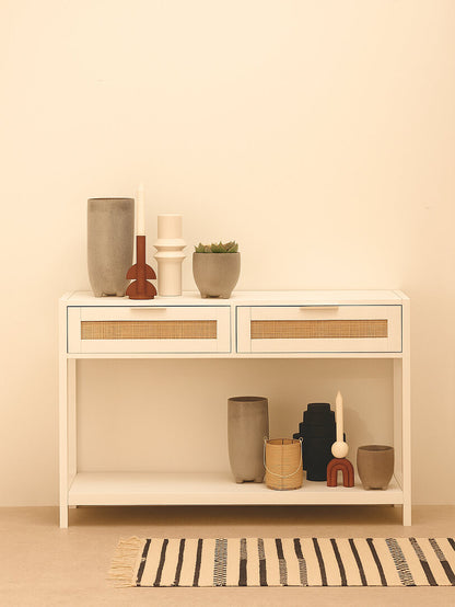 Como White Wood and Rattan Two Drawer Console Table