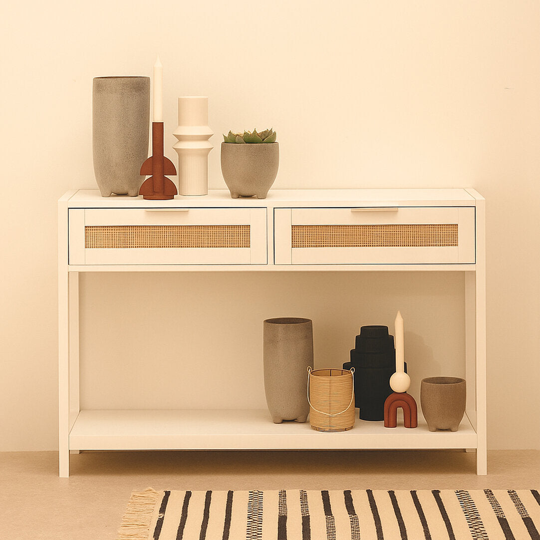 Como White Wood and Rattan Two Drawer Console Table