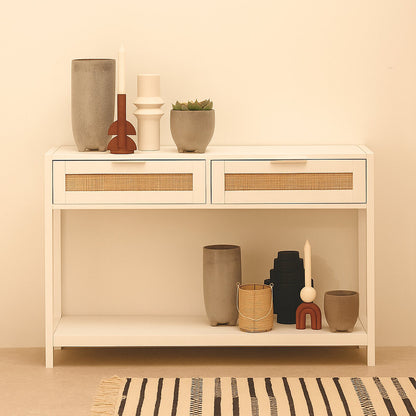 Como White Wood and Rattan Two Drawer Console Table