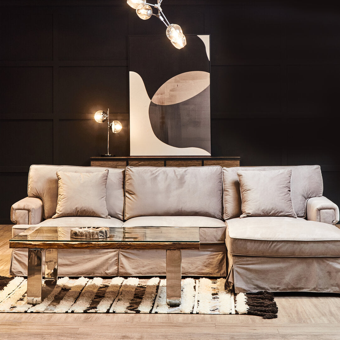 Whitby Three Seat Grey Velvet Right Chaise Sofa