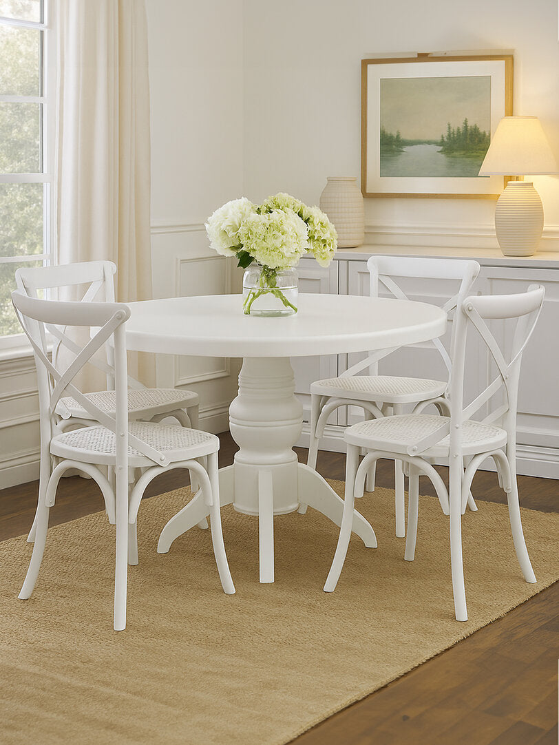 Chelsea White Wash Round Dining Table with 4 Chairs Set