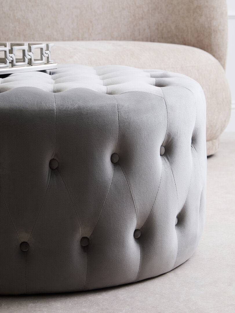 Chester Grey Velvet Round Tufted Footstool