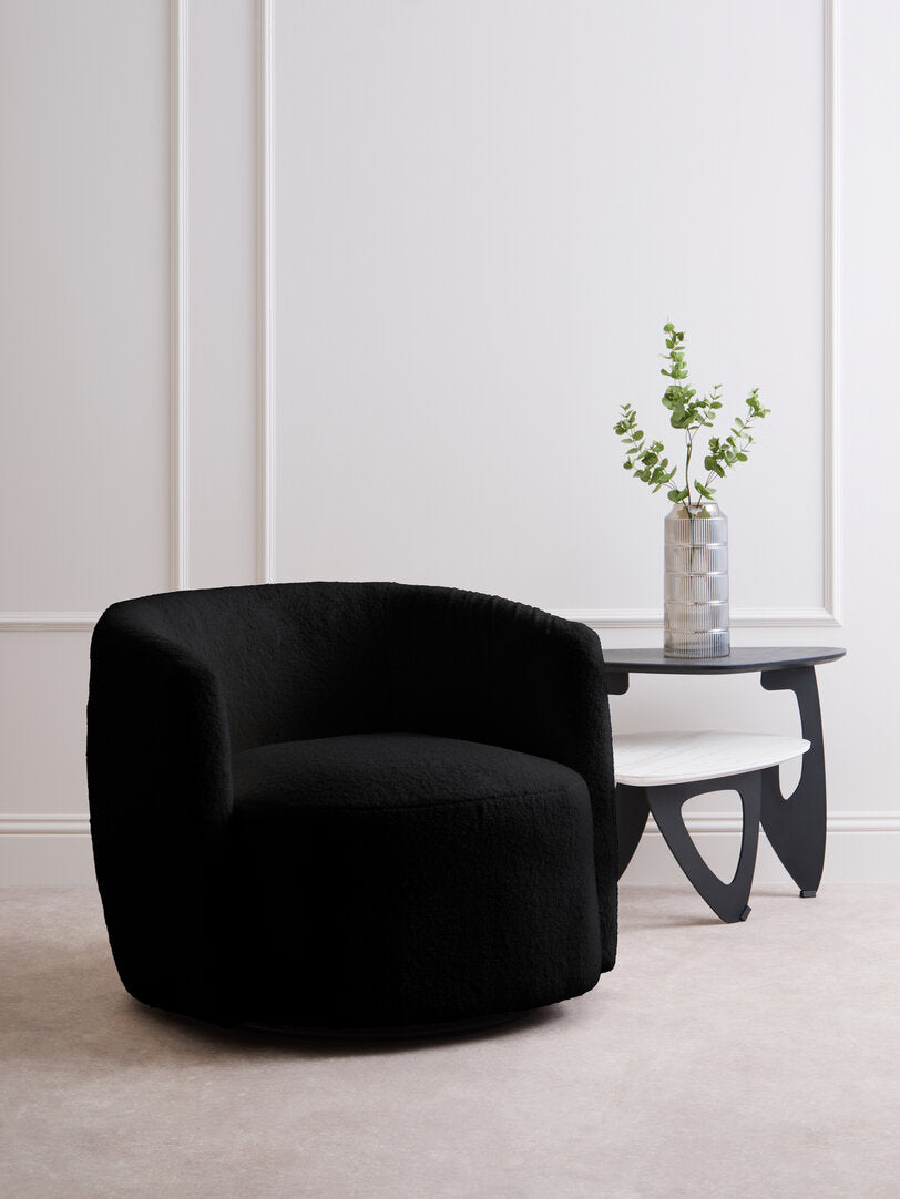 Carlton Boucle Effect Curved Lounge Chair With Swivel Base Black 