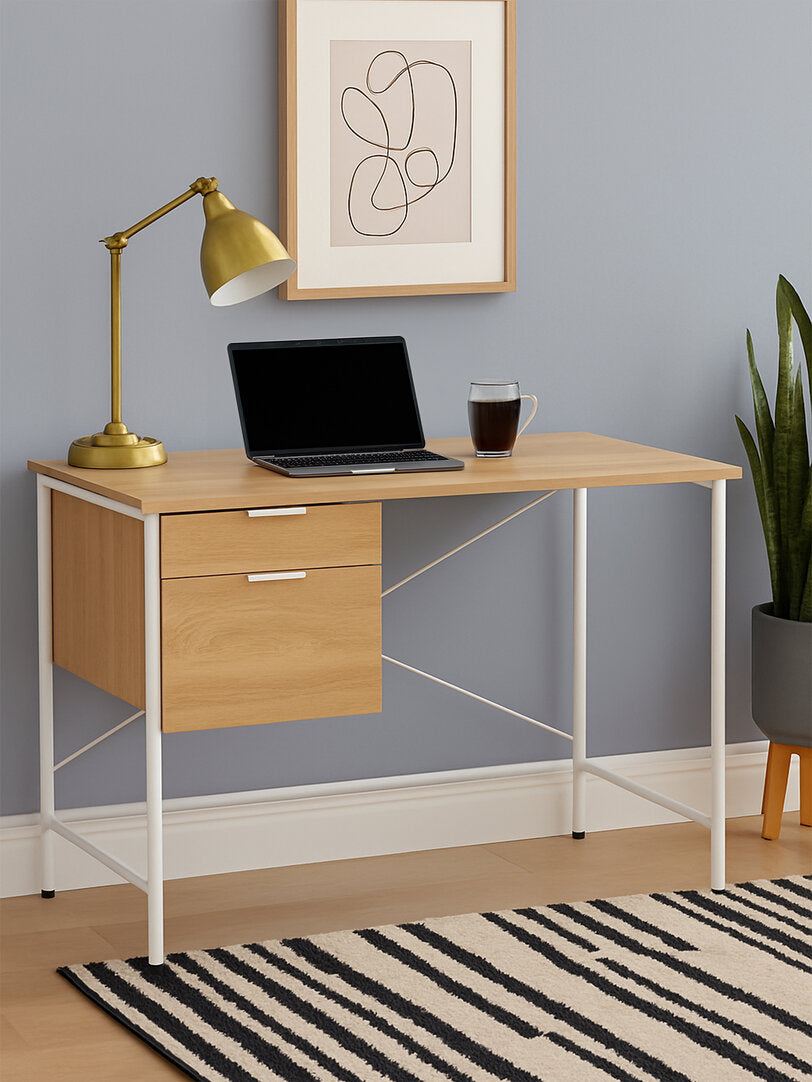 Penzance Natural Oak Veneer Desk With Drawers