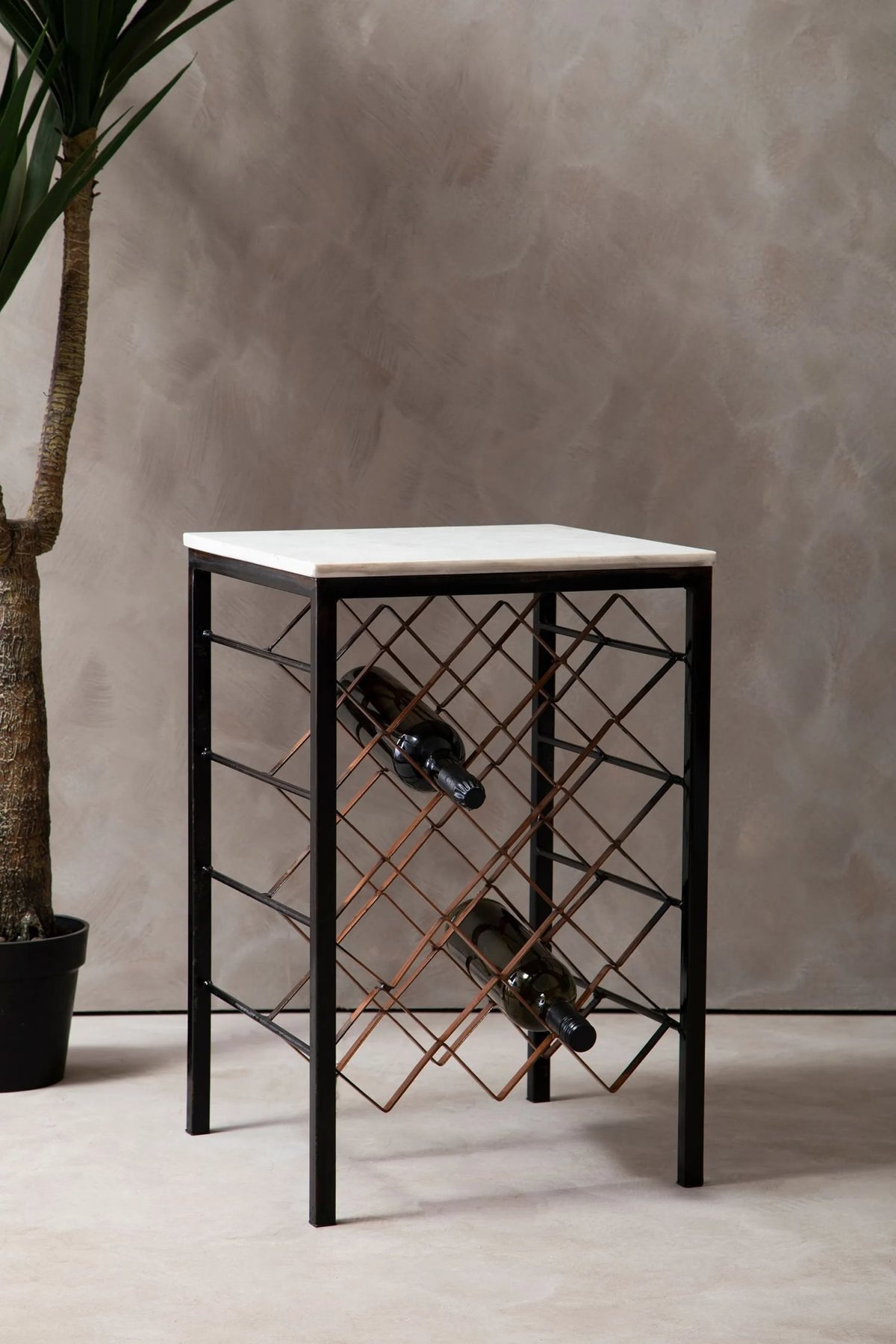 Sandbanks White Marble Top Wine Rack Table with Black and Bronze Base