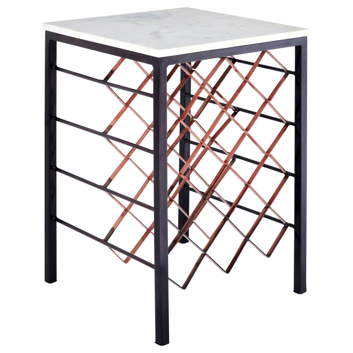 Sandbanks White Marble Top Wine Rack Table with Black and Bronze Base