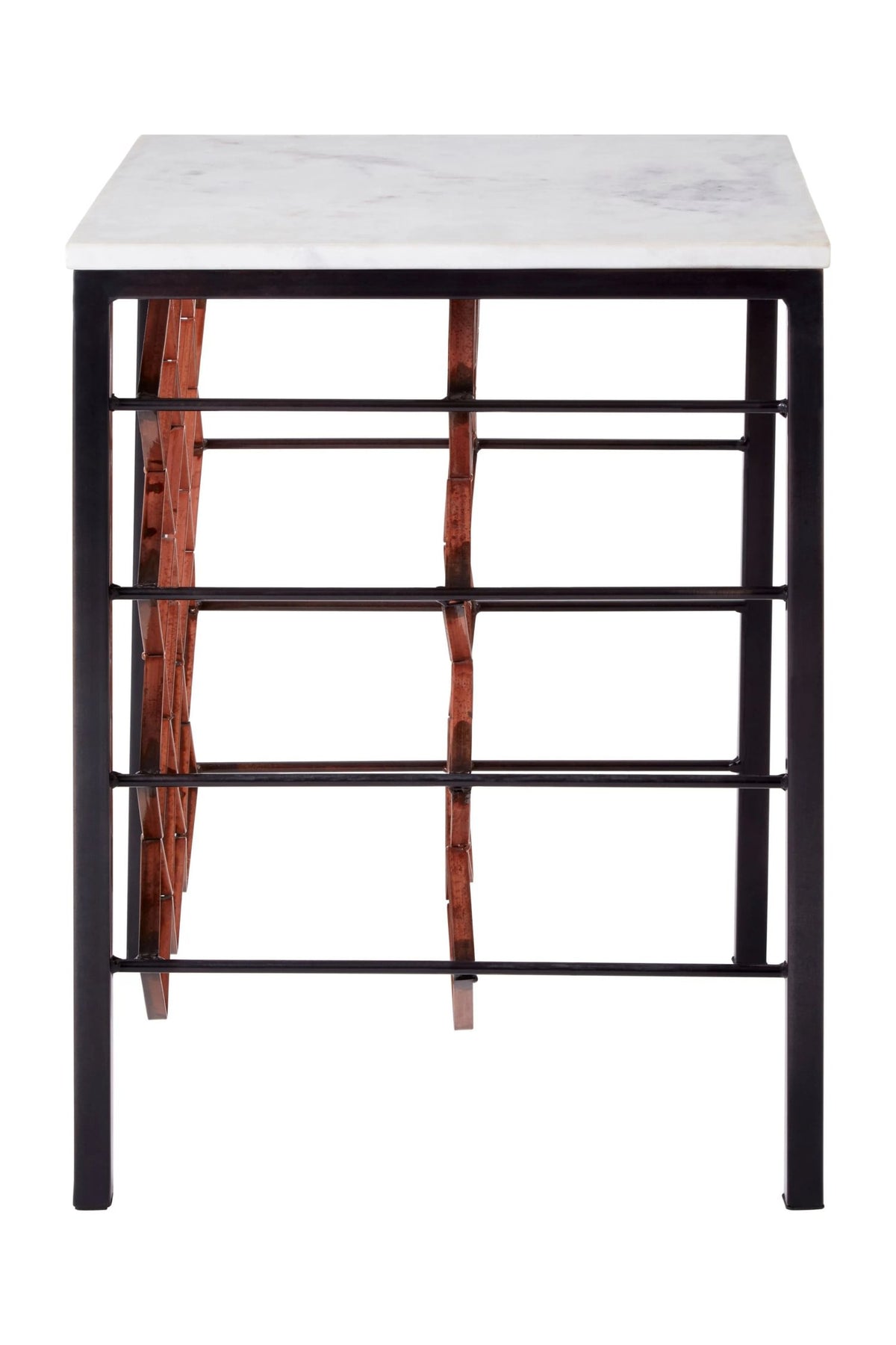 Sandbanks White Marble Top Wine Rack Table with Black and Bronze Base