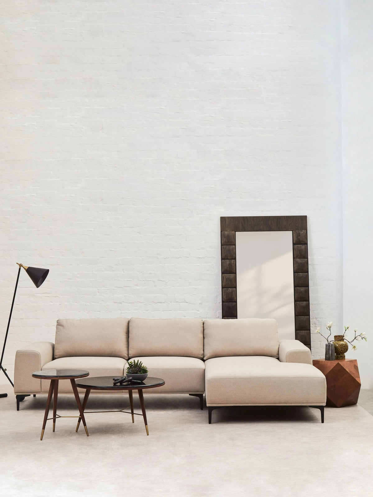 Hudson Grey Marble and Walnut Wood Round Coffee Table