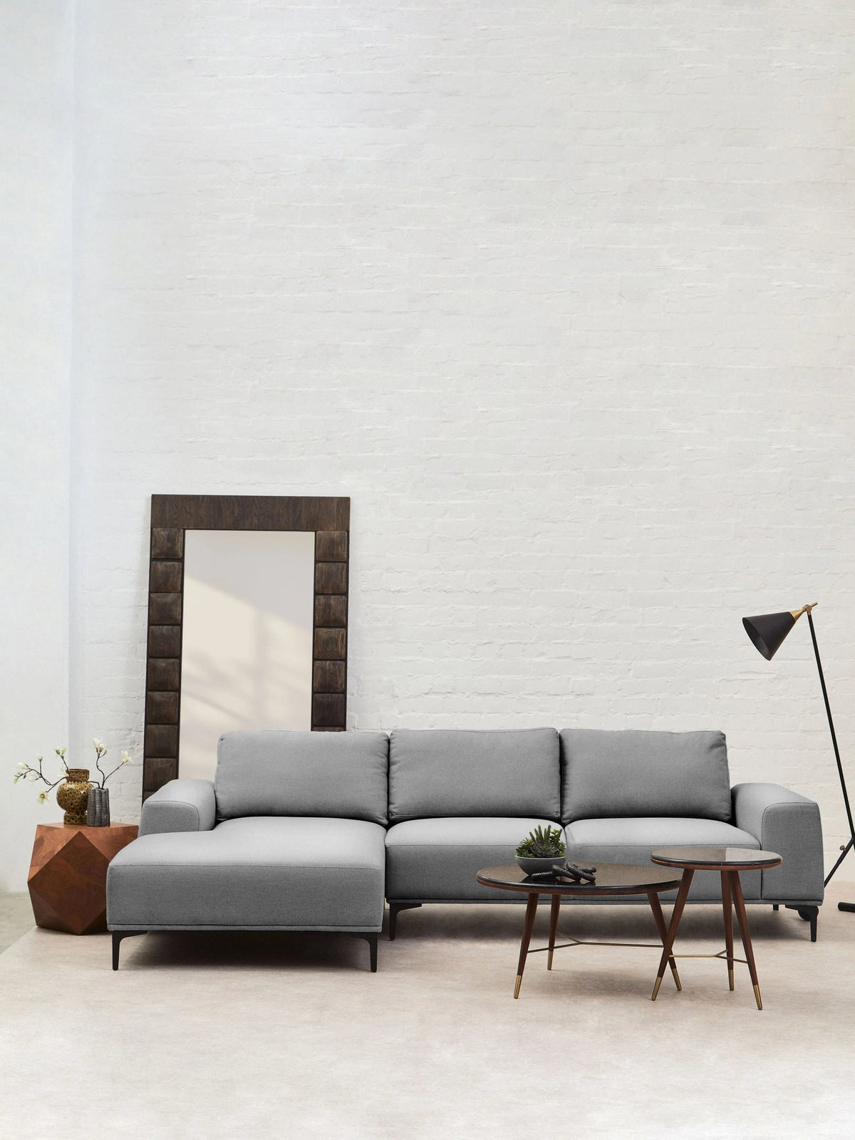 Hudson Grey Marble and Walnut Wood Round Coffee Table