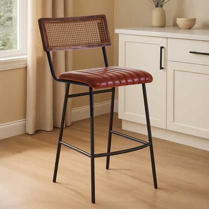 Verona Tan Leather and Rattan Bar Chair