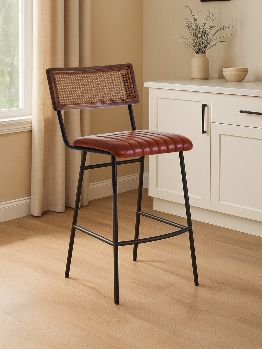 Verona Tan Leather and Rattan Bar Chair