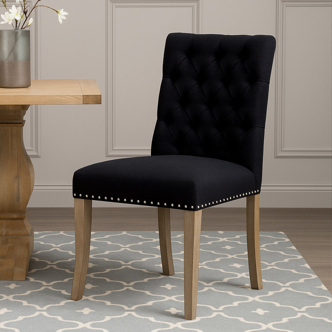 Vienna Townhouse Black Linen Dining Chair with Wooden Legs