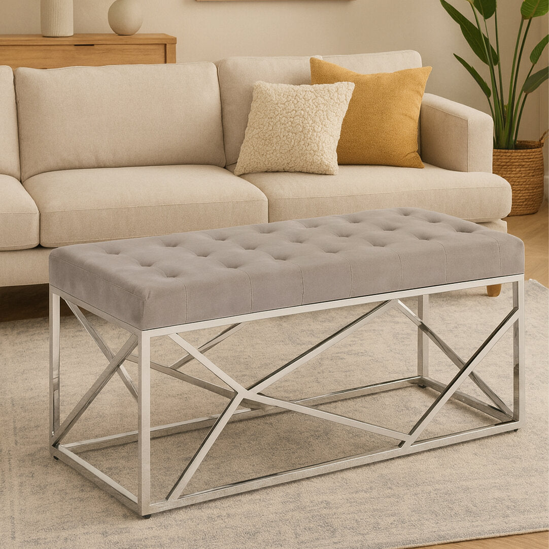 Aurora Mink Velvet Bench with Silver Finish Frame