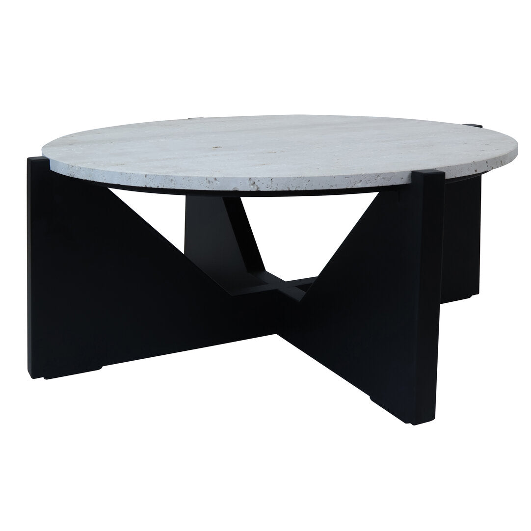 Siena Travertine Top Coffee Table With Black Acacia Wood Frame