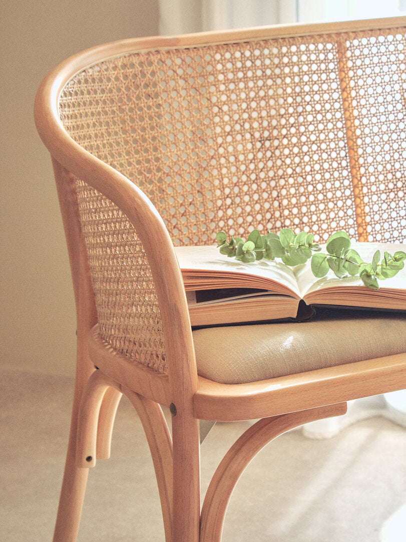 Stirling Natural Cane and Beech Wood Bench with Backrest