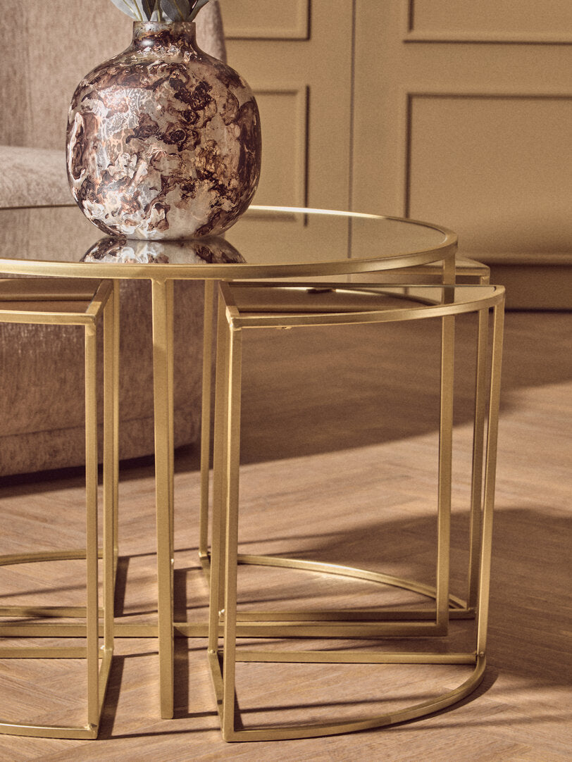 Chelsea 5 Piece Mirrored Top Nesting Tables Set with Gold Frame