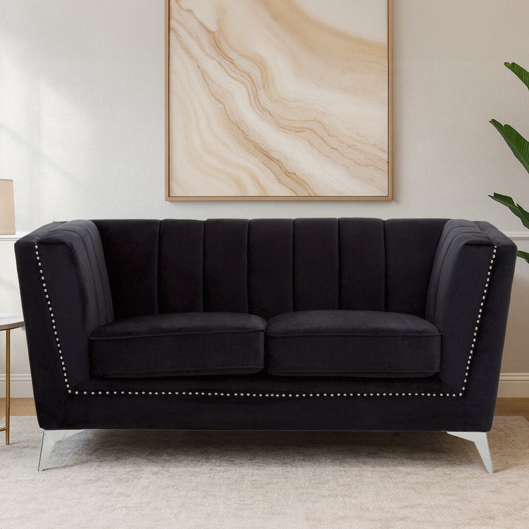 Seville Two Seat Black Velvet Sofa