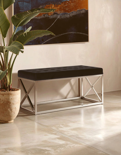 Aurora Black Tufted Seat And Silver Finish Bench