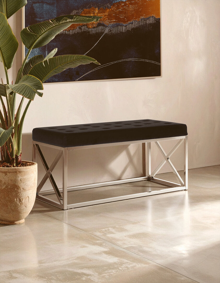 Aurora Black Tufted Seat And Silver Finish Bench