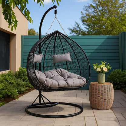 Bristol Black Rattan Effect Double Hanging Chair With Grey Cushions