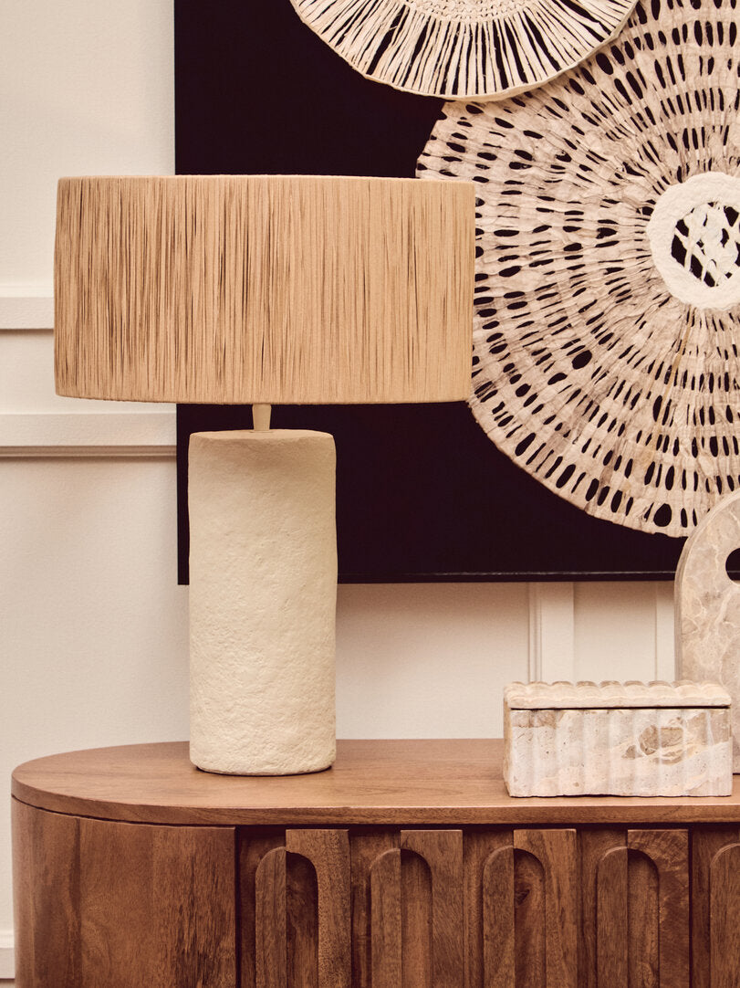 Turin Natural Papier Mache Table Lamp With Natural Raffia Shade