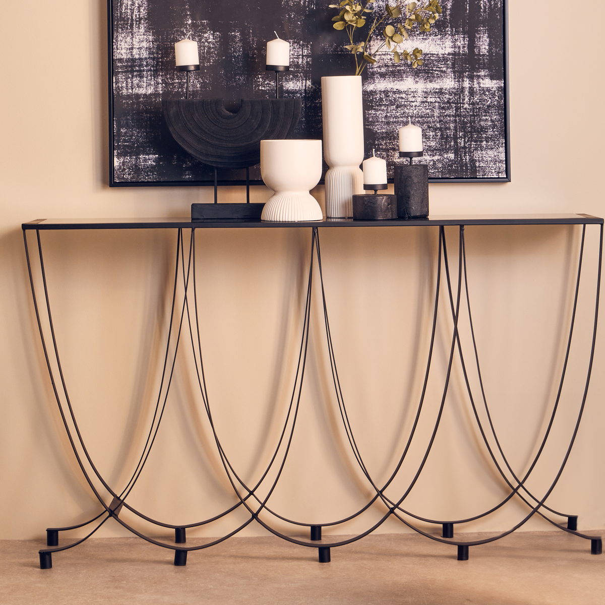 Bath Large Console Table with Black Glass Top