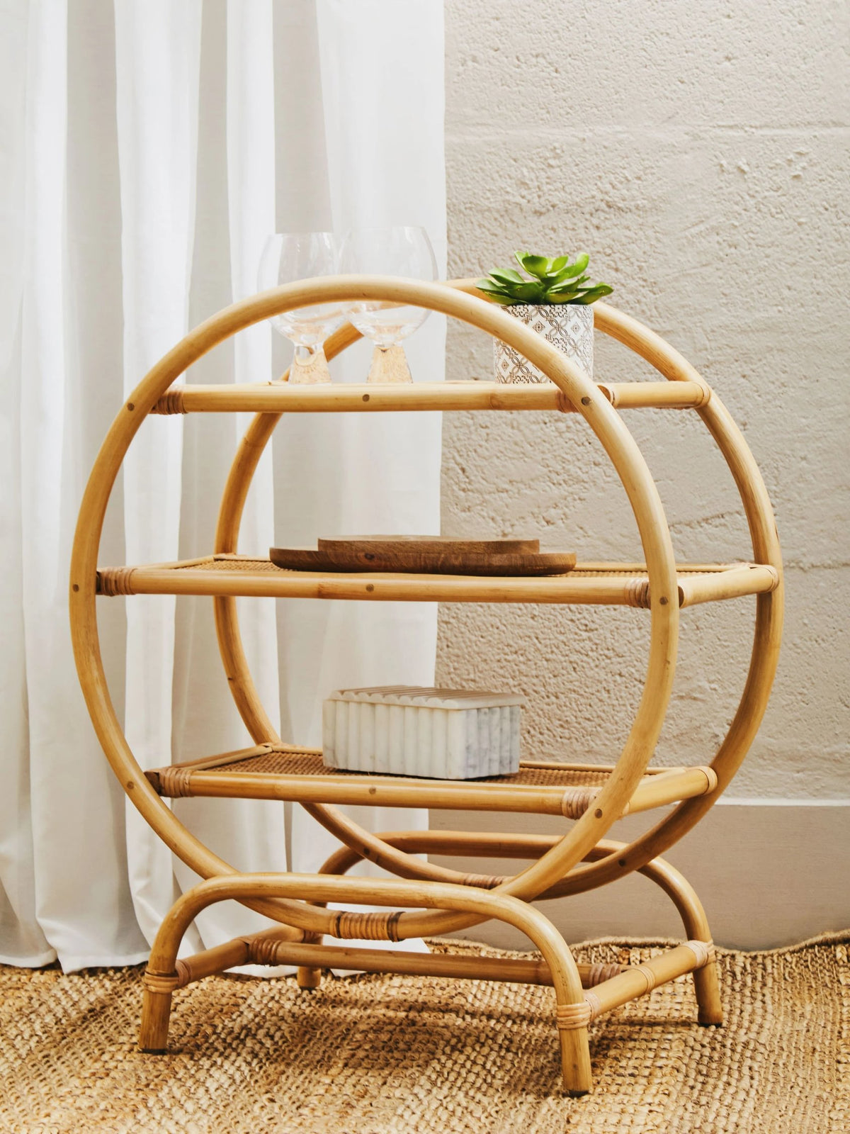 Uppingham Three Tier Natural Rattan Round Shelf Unit